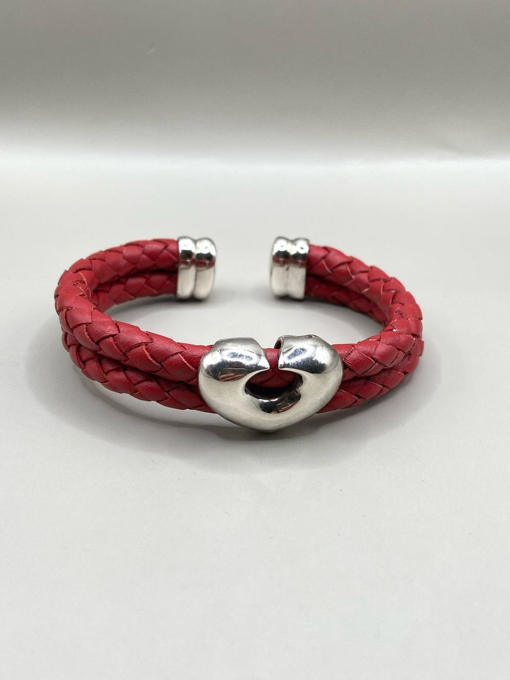 Joseph Esposito Braided Red Leather Sterling Silver Heart Cuff Bracelet